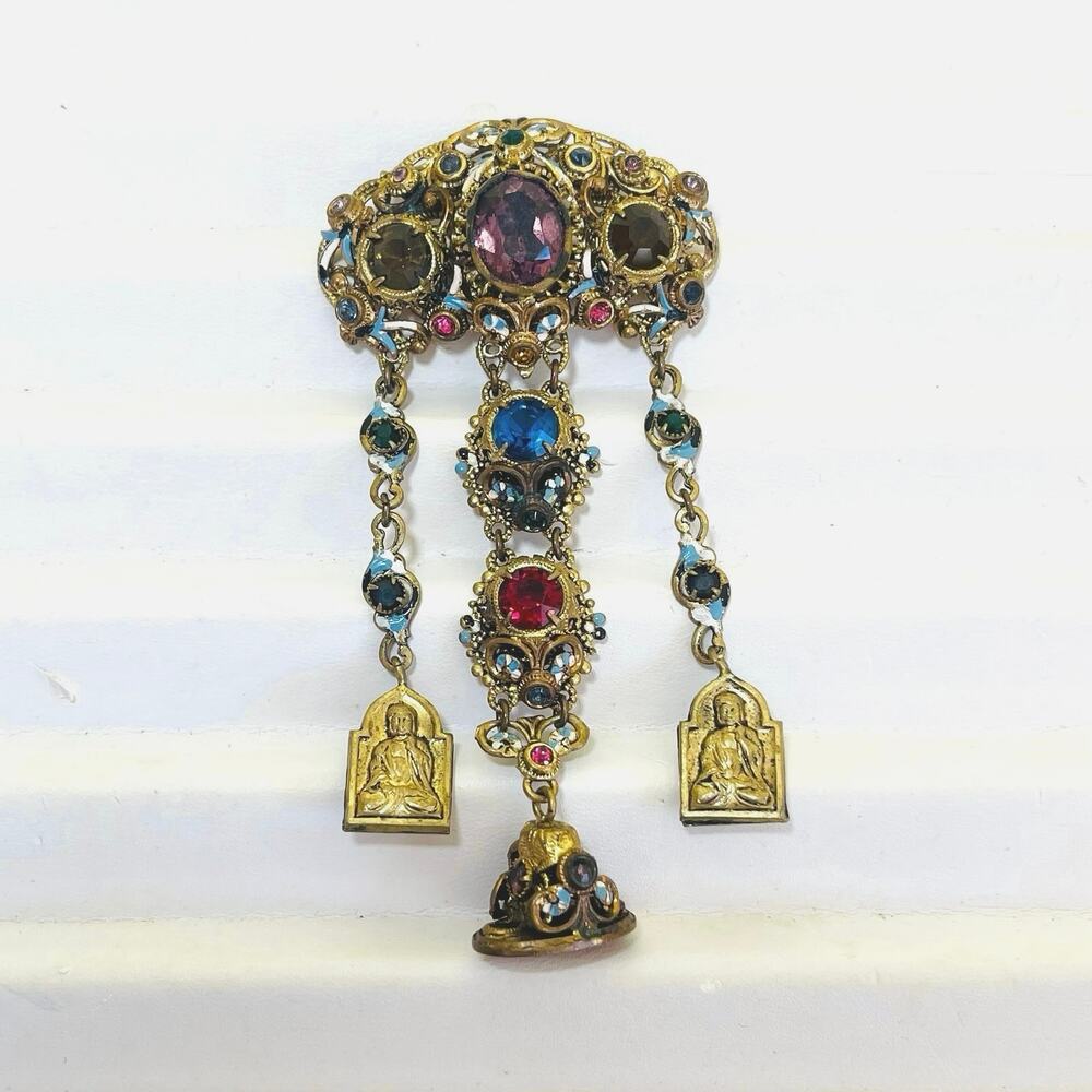 Antiq Art Deco Czech Chatelaine Brooch Austro-Hungarian Tibetan Buddha Fob Gilt